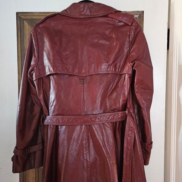 Long Red Leather Jacket Vinage 60s 70s Burgundy Large Trenchcoat - Picture 7 of 8